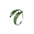 Bague ouverte en acier inoxydable argenté avec design de feuilles de blé en émail vert - Style Forêt Feuille Verte Vive (J361-4)