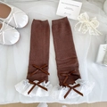 Brown rib-knit leg warmers featuring white lace trim and delicate ribbon bows - Dark Coffee