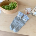 Grey ballet style crew socks with blue checkered lace trim and cute fabric label - Blue