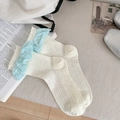 Japanese style cream white crew socks with light blue double-layered lace ruffles - One Size / White Base Blue