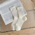 White ribbed crew socks with frill trim and pink plaid bow for a sweet girl style - One Size / White Base Pink (Pink Plaid Bow)