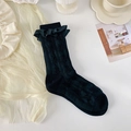 Calze nere stile Lolita giapponese con eleganti bordi a volant e trama a maglia verticale - Taglia unica / Nero