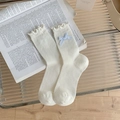White crew socks with ruffled edges and light blue plaid bow tie on ribbed fabric - One Size / White Base Blue (Blue Plaid Bow)