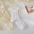 Calze bianche Lolita con motivi a cuore in maglia e bordo in pizzo di raso a pieghe - Taglia unica / Bianco