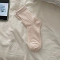 Sweet light pink crew socks featuring vertical ribbing and delicate hollow-out eyelet details - One Size / Pink