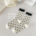 White mesh crew socks with black polka dots and wavy trim in a flat lay minimalist setting - Polka Dot