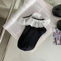 Sweet ballet style black crew socks featuring delicate white lace trim and ribbed texture - One Size / Black