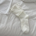 Calcetines blancos de punto con bordes de doble volante y lazos de cinta en estilo Lolita - Talla única / Blanco Crema