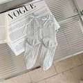 Graue Ballettsocken mit weißen Schleifen und hohlen Rauten-Strickmustern für Damen - Einheitsgröße / Grau