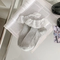 Gray ankle socks with delicate white lace embroidery trim on an English magazine - One Size / Gray