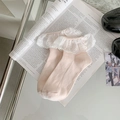 Cute light pink crew socks with white lace floral trim in ballet style - One Size / Pink