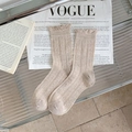 Beige mid-calf mesh socks featuring vintage argyle jacquard and ruffled lettuce edge trim - Brown