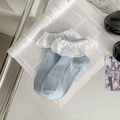 Light blue crew socks with white lace trim and vertical knit texture in ballet style - One Size / Blue