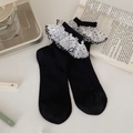 Sweet Lolita style black cotton socks with white polka dot lace ruffle trim design - Black