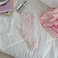 Sweet light pink crew socks with bow ribbon and pointelle hollow pattern for women - One Size / Pink