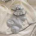 Japanese style light blue ribbed socks with white polka dot chiffon lace ruffles - Gray Blue