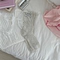 Sweet light gray knit socks with ribbon bow and hollow mesh texture in vintage style - One Size / Khaki