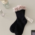 Sweet Lolita black ribbed crew socks with double-layered pink lace trim edges - One Size / Black