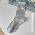 Grey crew socks with bow pattern, blue ruffled cuffs and cute puppy embroidery - One Size / Gray
