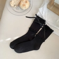 Ballet style black mid-calf socks with silk ribbon bow and ruffled edges for women - One Size / Black