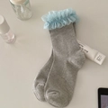 Grey Japanese style crew socks with light blue mesh lace trim and vertical knit texture - One Size / Light Gray