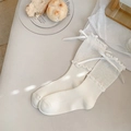 Ballet style cream white mid-calf socks with mesh ruffles and satin ribbon bows - One Size / Bleached White