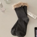 Dark grey knit mid-calf socks with beige layered lace trim in sweet Japanese style - One Size / Dark Gray