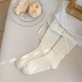 Creamy white crew socks with ballet-style ribbons and delicate ruffled cuffs design - One Size / Creamy White