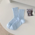 Light blue vertical ribbed cotton crew socks in a minimalist solid color mesh design - Blue