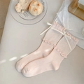 Pink ballet-style calf socks with white silk bows and delicate ruffled mesh edges - One Size / Pink