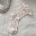 Sweet light pink Lolita socks featuring hollow floral patterns and mesh lace ruffles - One Size / Pink
