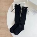 Japanese style black calf-length socks with sweet ribbon bow and ruffled cuffs - One Size / Black