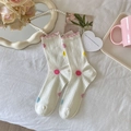 Calze bianche in cotone a pois colorati con bordi a volant rosa stile dolce - Grandi Pois