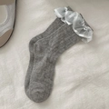 Lolita style grey mesh socks with white lace trim and floral hollow out knit pattern - One Size / Gray