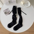 Black ballet style knee high socks featuring elegant satin bows and ribbed knit texture - Black