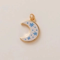 Detail of moon pendant with gold frame and purple enamel featuring blue stars - 10 Small Flowers