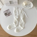 White ballet style calf socks featuring elegant satin bows and ribbed knit texture - Bleached White