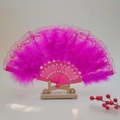 Éventail pliant en plumes rose rouge avec bordure en dentelle et motifs ajourés - Éventail en Plumes Rose Framboise Exquis et Dentelle