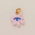 Detail of pink enamel flower pendant with blue evil eye charm and golden ring hook - Light Pink Sun Eye Pendant