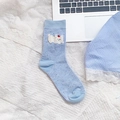 Light blue mid-calf socks featuring cute white bear embroidery and textured fabric - Light Blue Heather Apple Dog (Bear Patch)