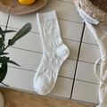 White Korean style hollow-out flower socks with ribbed cuffs and vertical knit pattern - One Size / White