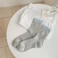 Grey heart embroidery socks with light blue ribbed cuffs and cute bow detail - One Size / Medium Grey