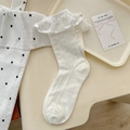 Lace ruffle ankle socks in cream white with ribbon trim and delicate diamond mesh pattern - One Size / White