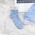 Light blue crew sock with cute apple button accent and ribbed lace cuff detailing - Light Blue Heather Contrast (Apple Button)