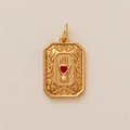 Detailed close-up of a 18K gold-plated rectangular pendant with engraved hand and red heart - Red Heart Square Tag