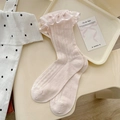 Pink mid-calf cotton socks with double-layered lace ruffles and floral eyelet pattern - One Size / Pink