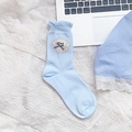 Light blue crew socks with ruffle trim and cute dog embroidery in Japanese sweet style - Light Blue Ruffle Trim (Bichon Embroidery)