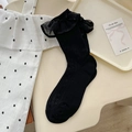 Black cotton mesh mid-calf socks with delicate lace trim in sweet Lolita style - One Size / Black