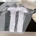 White JK style mesh calf socks with lace ruffles, bow knots, and heart mesh patterns - One Size / White