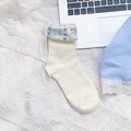 Cream crew socks with light blue checkered cuffs and delicate white ribbon bows - Cream White Blue Plaid Cuff (Blue Bow)